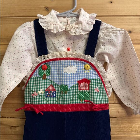 Vintage Girl 2T Farm Cottagecore Embroidered Corduroy Overall Ruffle Top Set - Picture 6 of 12